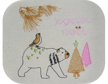 Motif de broderie machine ours de noël avec un oiseau