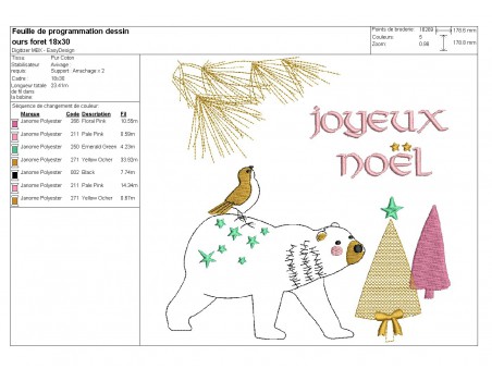 Motif de broderie machine ours de noël avec un oiseau