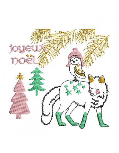 Motif de broderie machine renard de noël avec une chouette