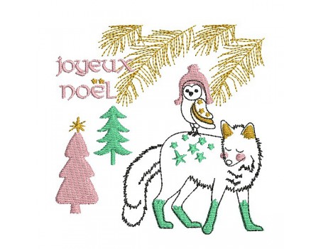 Motif de broderie machine renard de noël avec une chouette