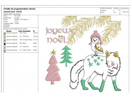 Motif de broderie machine renard de noël avec une chouette