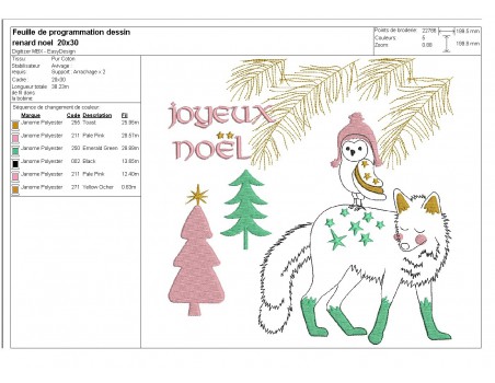 Motif de broderie machine renard de noël avec une chouette