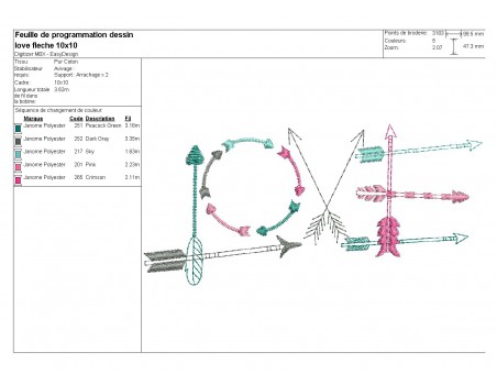 Motif de broderie machine Mot love en flèches