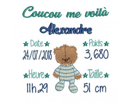 Motif de broderie machine journal de naissance ourson personnalisable