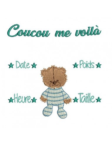 Motif de broderie machine journal de naissance ourson personnalisable