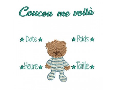 Motif de broderie machine journal de naissance ourson personnalisable