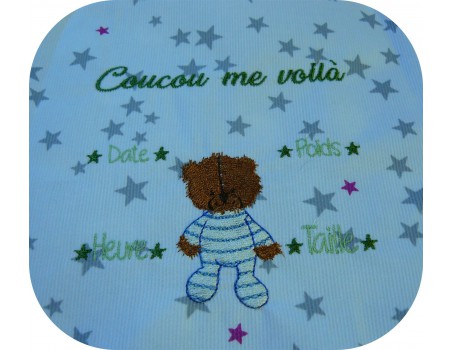 Motif de broderie machine journal de naissance ourson personnalisable