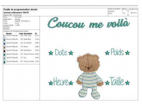 Motif de broderie machine journal de naissance ourson personnalisable