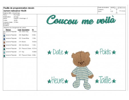 Motif de broderie machine journal de naissance ourson personnalisable