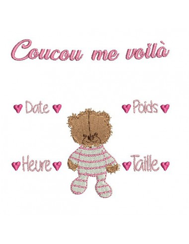 Motif de broderie machine journal de naissance oursonne personnalisable