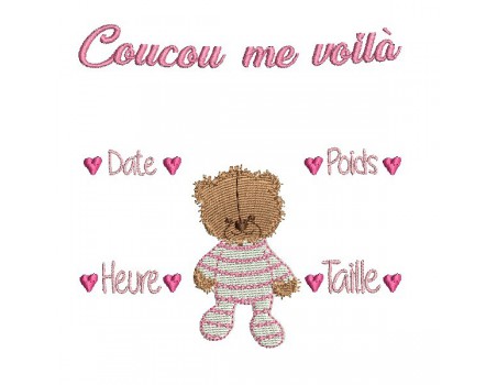 Motif de broderie machine journal de naissance oursonne personnalisable