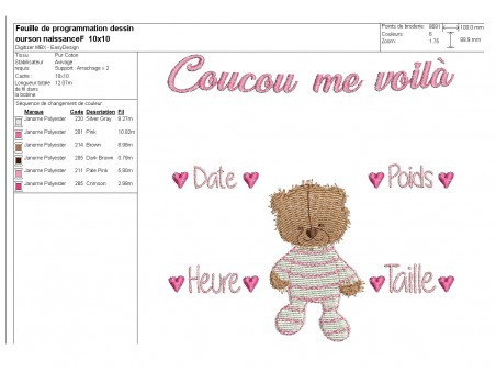 Motif de broderie machine journal de naissance oursonne personnalisable