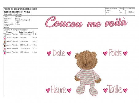 Motif de broderie machine journal de naissance oursonne personnalisable