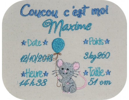 Motif de broderie machine journal de naissance garçon souris personnalisable