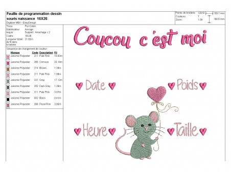 Motif de broderie machine journal de naissance fille souris personnalisable