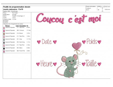 Motif de broderie machine journal de naissance fille souris personnalisable