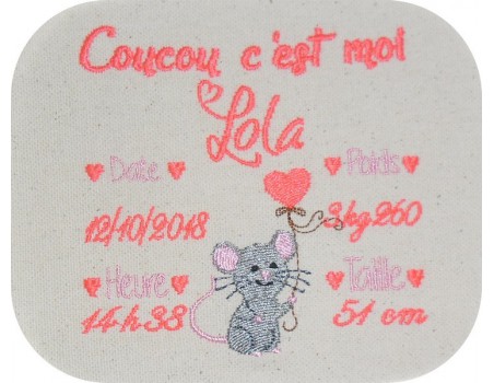 Motif de broderie machine journal de naissance fille souris personnalisable