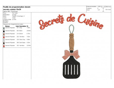 Motif de broderie machine secrets de cuisine spatule plate