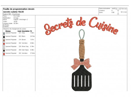 Motif de broderie machine secrets de cuisine spatule plate