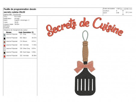 Motif de broderie machine secrets de cuisine spatule plate