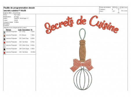 Motif de broderie machine secrets de cuisine fouet