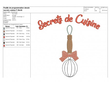 Motif de broderie machine secrets de cuisine fouet