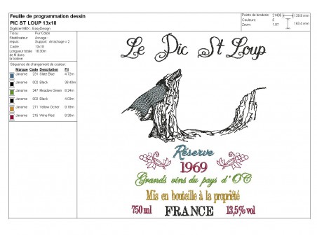 Motif de broderie machine   les vins du Pic St loup