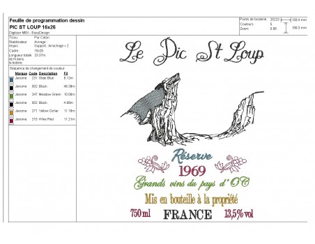 Motif de broderie machine   les vins du Pic St loup