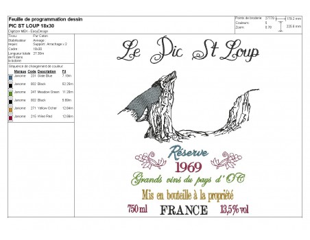 Motif de broderie machine   les vins du Pic St loup