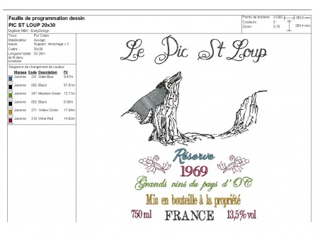 Motif de broderie machine   les vins du Pic St loup