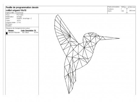 Motif de broderie machine colibri origami