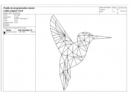 Motif de broderie machine colibri origami