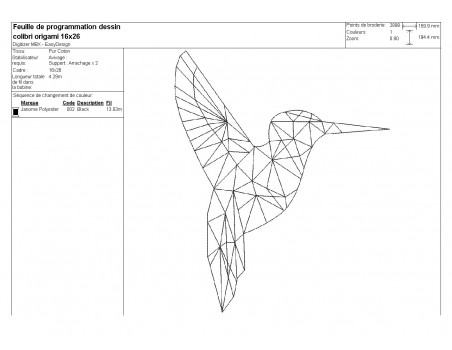 Motif de broderie machine colibri origami