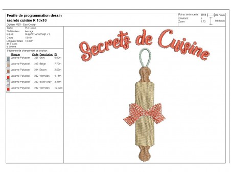 Motif de broderie machine secrets de cuisine rouleau pâtisserie