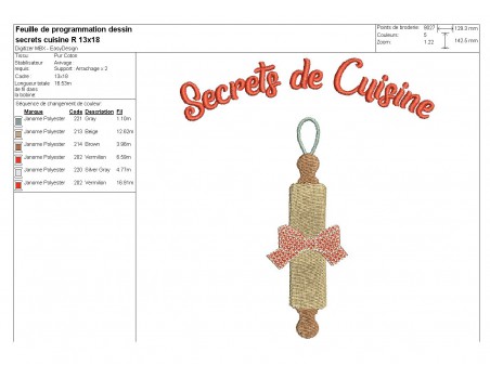 Motif de broderie machine secrets de cuisine rouleau pâtisserie