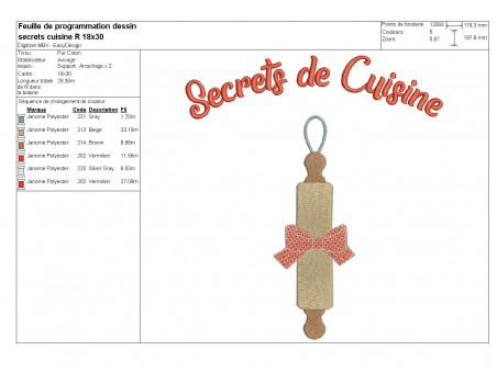 Motif de broderie machine secrets de cuisine rouleau pâtisserie