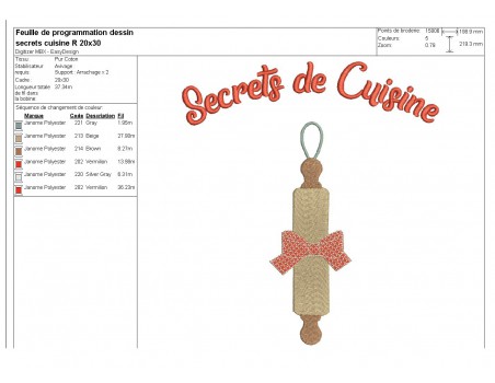 Motif de broderie machine secrets de cuisine rouleau pâtisserie