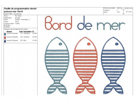 Motif de broderie machine poissons bord de mer