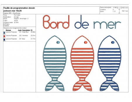 Motif de broderie machine poissons bord de mer