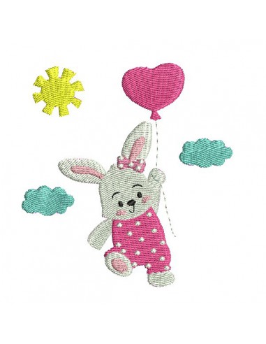 Motif de broderie machine  lapine avec son ballon coeur