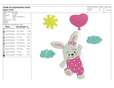 Motif de broderie machine  lapine avec son ballon coeur