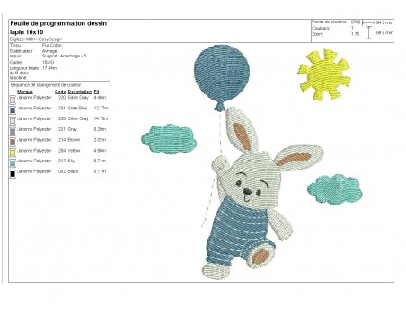 Motif de broderie machine  lapin avec son ballon