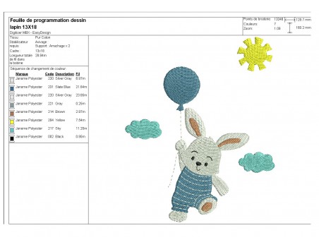 Motif de broderie machine  lapin avec son ballon