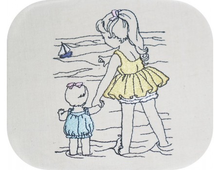 Instant download machine embroidery design vintage children at the beach
