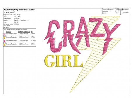 Motif de broderie machine Texte Crazy girl en mylar