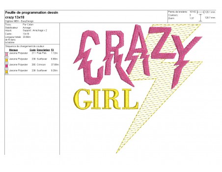 Motif de broderie machine Texte Crazy girl en mylar