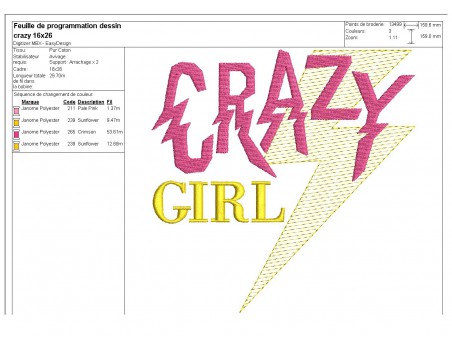 Motif de broderie machine Texte Crazy girl en mylar