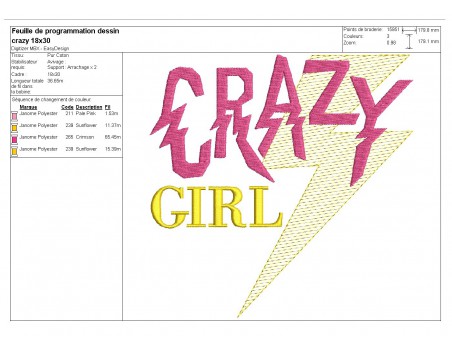 Motif de broderie machine Texte Crazy girl en mylar