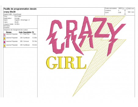 Motif de broderie machine Texte Crazy girl en mylar