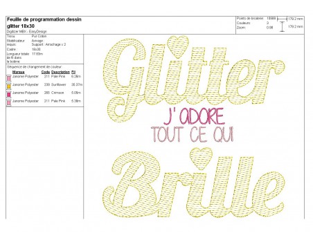 Motif de broderie machine Texte j'adore tout ce qui brille en mylar